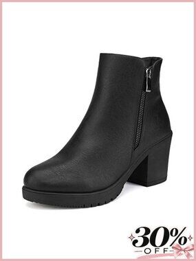 Women's Chunky Heel Platform Ankle Boots Vegan Leather Side Zip